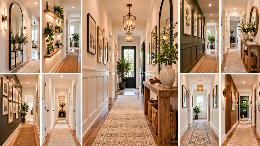 11 narrow hallway ideas featuring oversized mirrors, slim console tables, neutral wall colors, patterned runners, gallery walls, floating shelves, wall sconces, and space-saving storage.