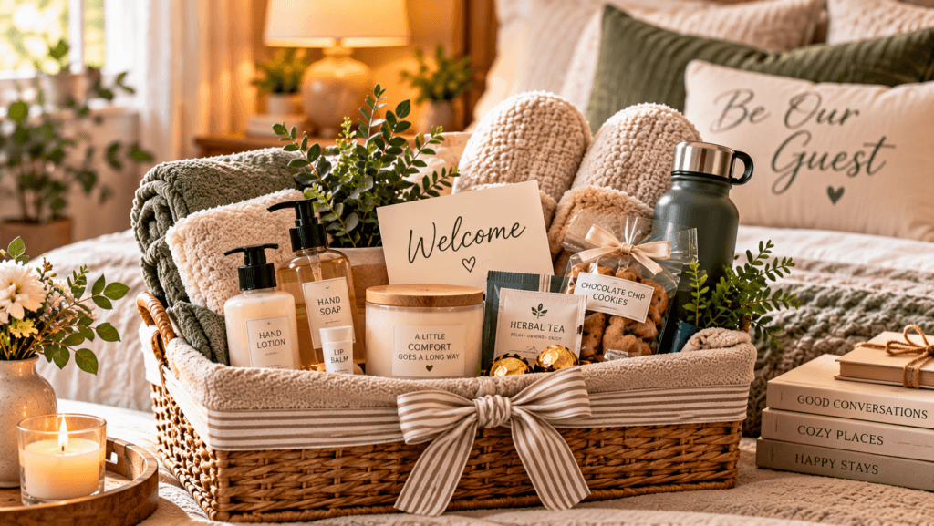 Cozy guest welcome basket filled with slippers, soft blankets, hand lotion, soap, lip balm, candle, herbal tea, cookies, chocolates, a water bottle, greenery, and a welcome card in a warm bedroom setting.