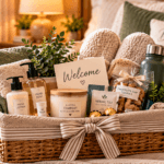 Cozy guest welcome basket filled with slippers, soft blankets, hand lotion, soap, lip balm, candle, herbal tea, cookies, chocolates, a water bottle, greenery, and a welcome card in a warm bedroom setting.