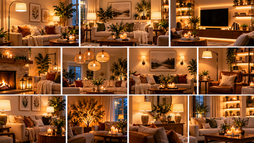 Warm living room lighting ideas featuring glowing floor lamps, table lamps, wall sconces, pendant lights, LED shelf lighting, candles, and cozy seating in inviting golden tones.