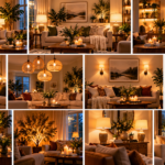 Warm living room lighting ideas featuring glowing floor lamps, table lamps, wall sconces, pendant lights, LED shelf lighting, candles, and cozy seating in inviting golden tones.