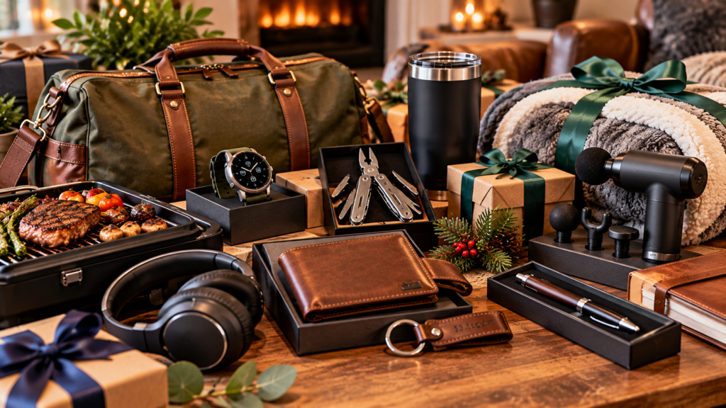 Birthday gift ideas for husbands who have everything, featuring a leather wallet, smartwatch, travel duffel bag, wireless headphones, insulated tumbler, multitool, massage gun, cozy blanket, and wrapped presents arranged on a wooden table.