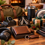 12 Birthday Gifts for Husbands Who Have Everything Birthday gift ideas for husbands who have everything, featuring a leather wallet, smartwatch, travel duffel bag, wireless headphones, insulated tumbler, multitool, massage gun, cozy blanket, and wrapped presents arranged on a wooden table.