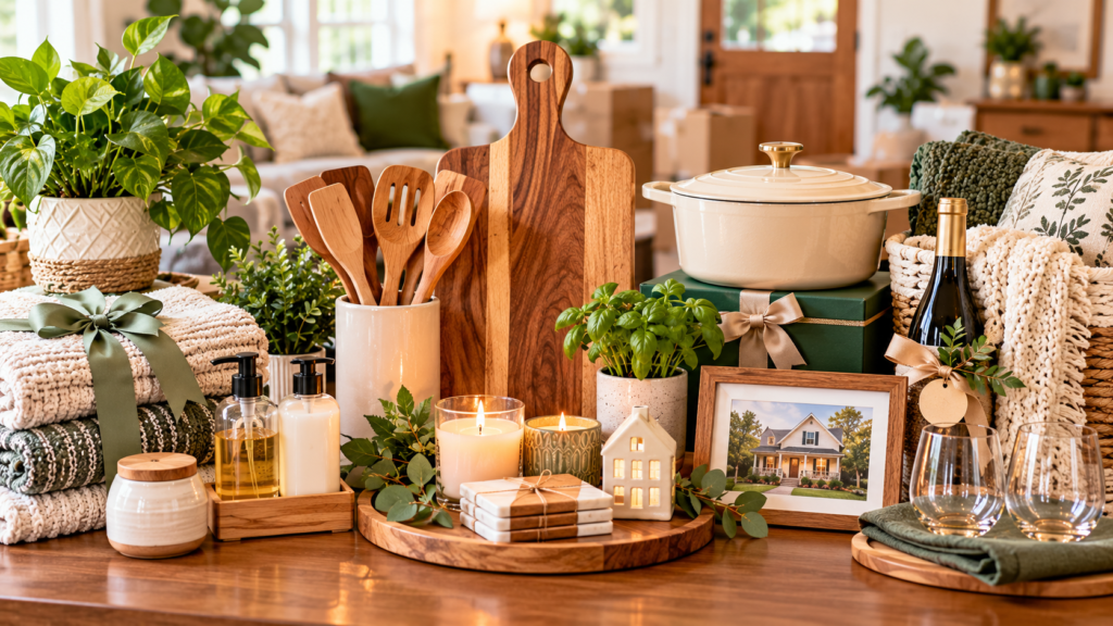 Housewarming gift ideas arranged on a wooden table, featuring a personalized cutting board, wooden utensils, cookware, cozy blankets, candles, hand soap, plants, a framed home photo, glassware, and wrapped gifts.