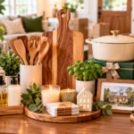 Housewarming gift ideas arranged on a wooden table, featuring a personalized cutting board, wooden utensils, cookware, cozy blankets, candles, hand soap, plants, a framed home photo, glassware, and wrapped gifts.